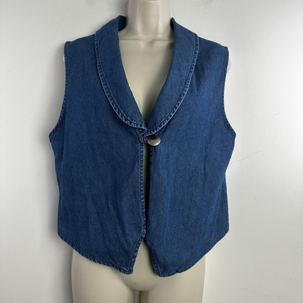 Vintage Womens Denim 90s Button Vest Collar Western Size Large Boho